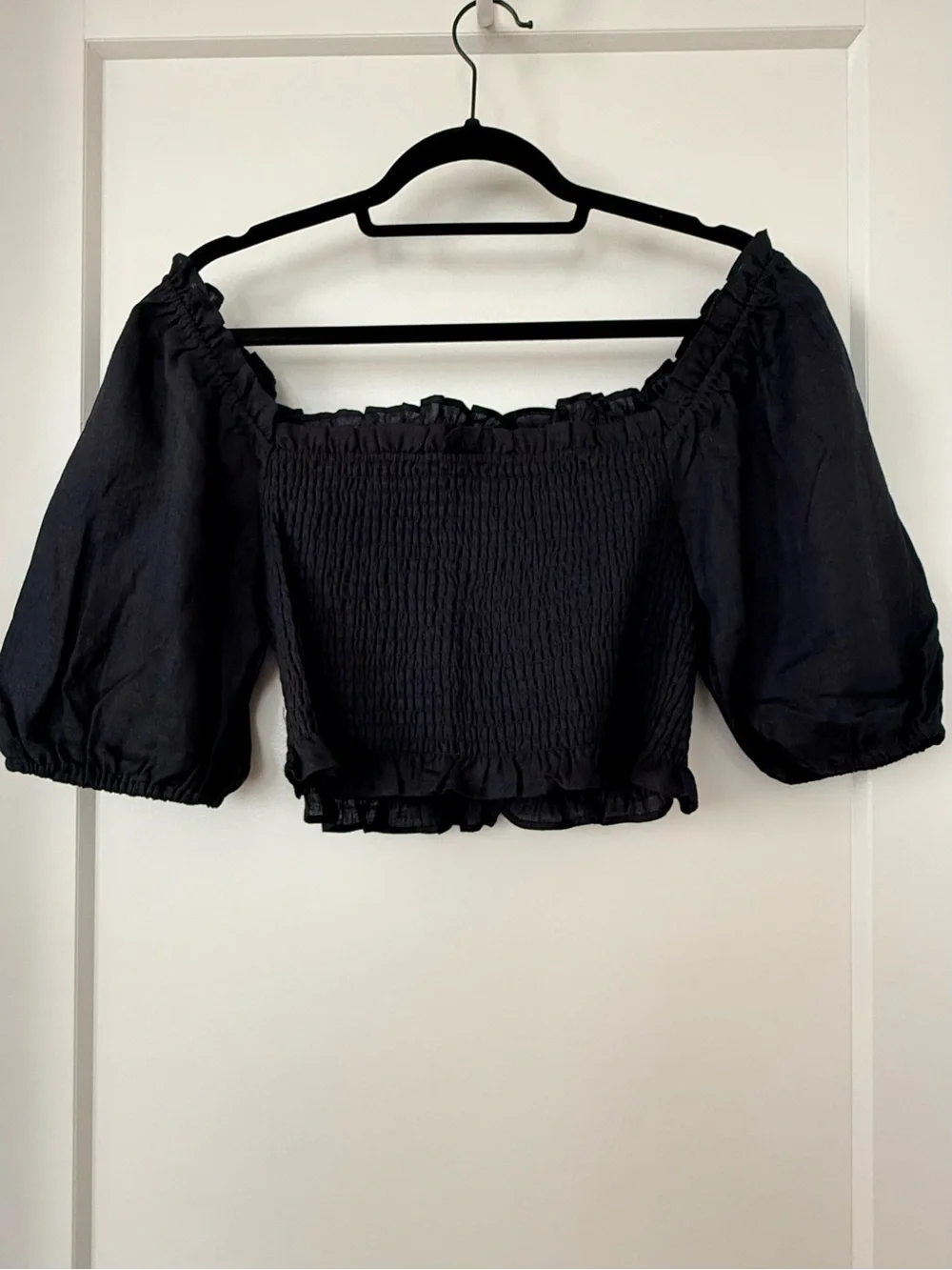Boden Black Linen Smocked Off-Shoulder Puff Sleeve Crop Top